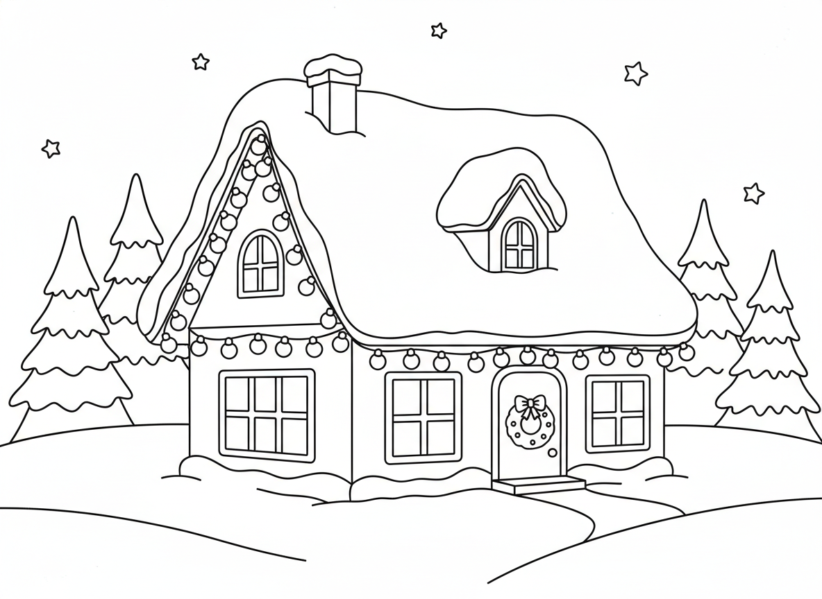 12 dibujos de Navidad para colorear: láminas gratis para imprimir 11 Dibujo de casa nevada de Navidad para colorear, lámina de línea negra sobre fondo blanco