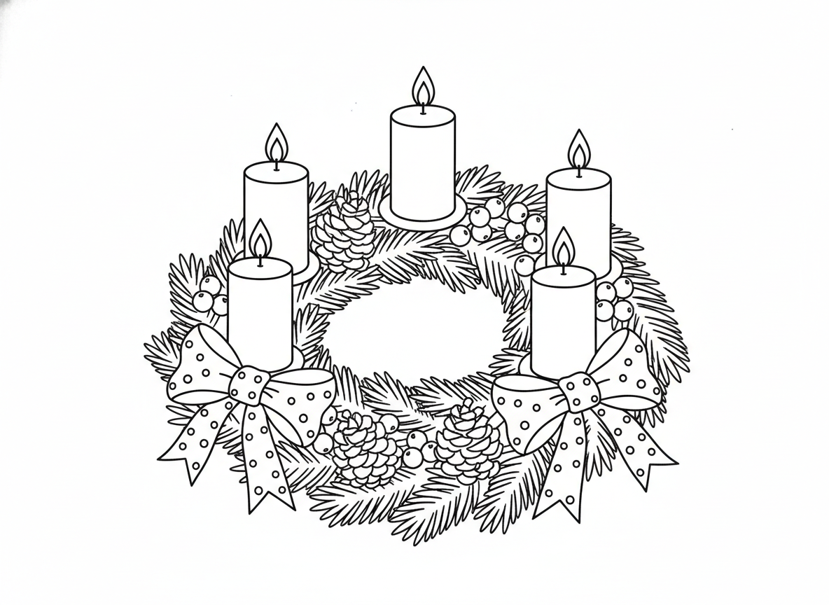 12 dibujos de Navidad para colorear: láminas gratis para imprimir 10 Dibujo de corona de Adviento para colorear, lámina de línea negra sobre fondo blanco