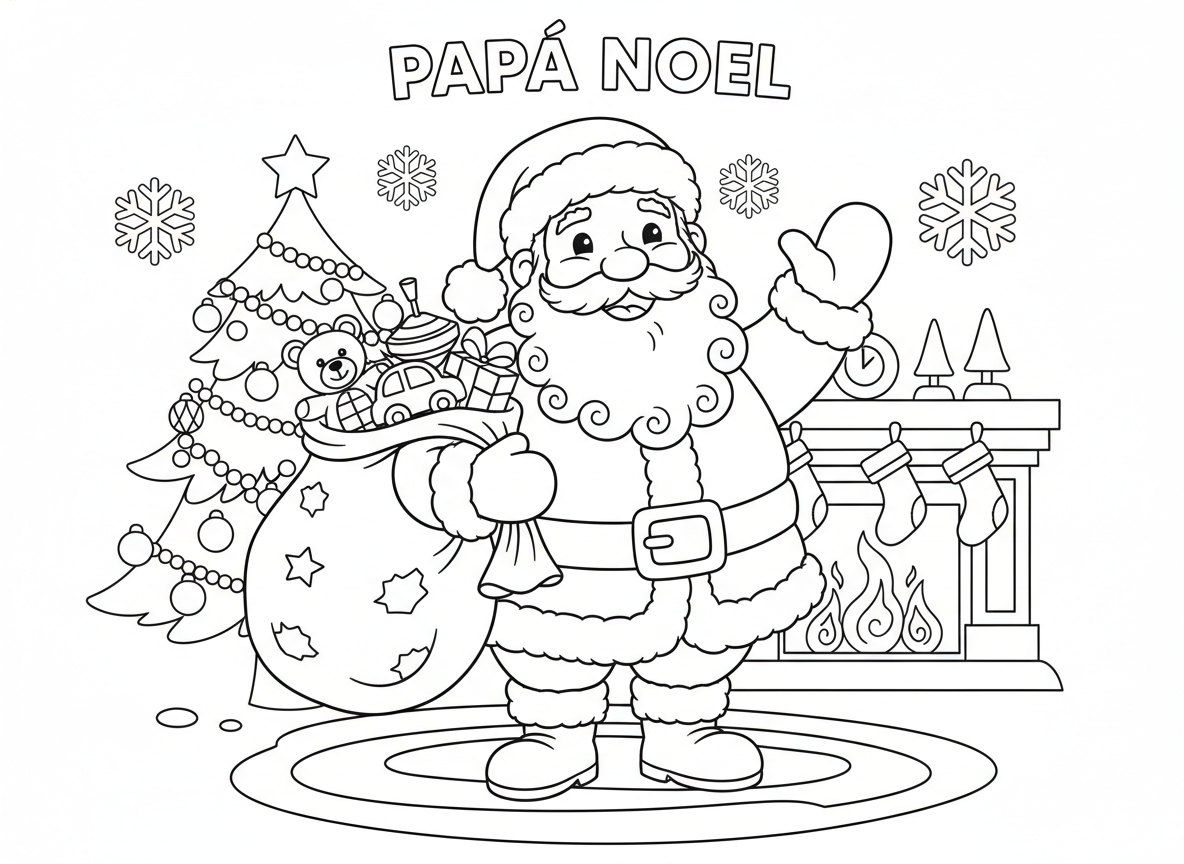 12 dibujos de Navidad para colorear: láminas gratis para imprimir 2 Dibujo de Papá Noel para colorear, lámina de línea negra sobre fondo blanco