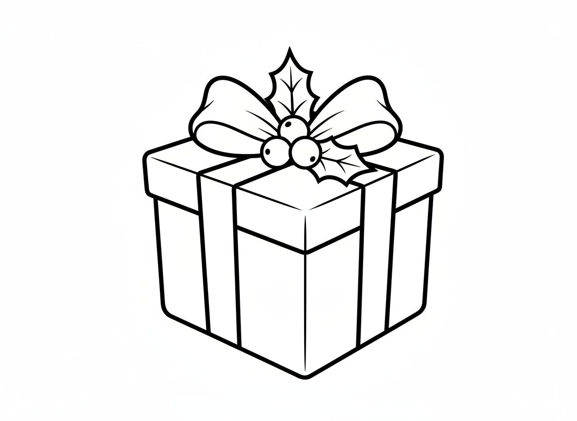 12 dibujos de Navidad para colorear: láminas gratis para imprimir 4 Dibujo de regalo de Navidad para colorear, lámina de línea negra sobre fondo blanco