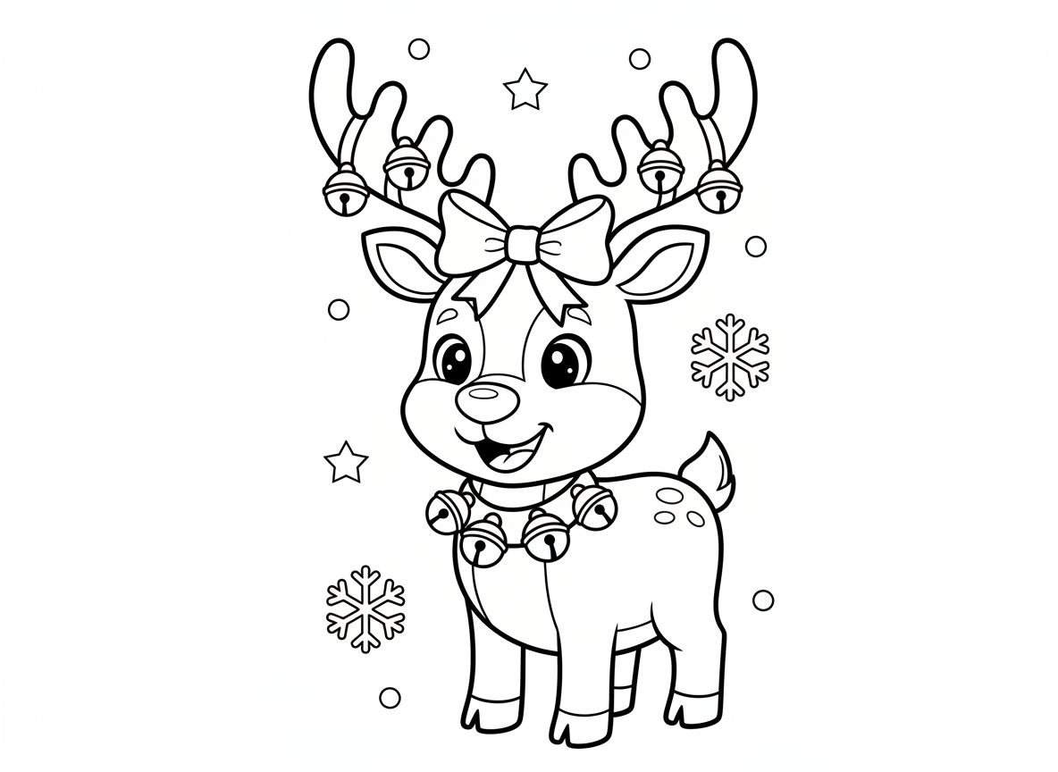 12 dibujos de Navidad para colorear: láminas gratis para imprimir 3 Dibujo de reno navideño para colorear, lámina de línea negra sobre fondo blanco