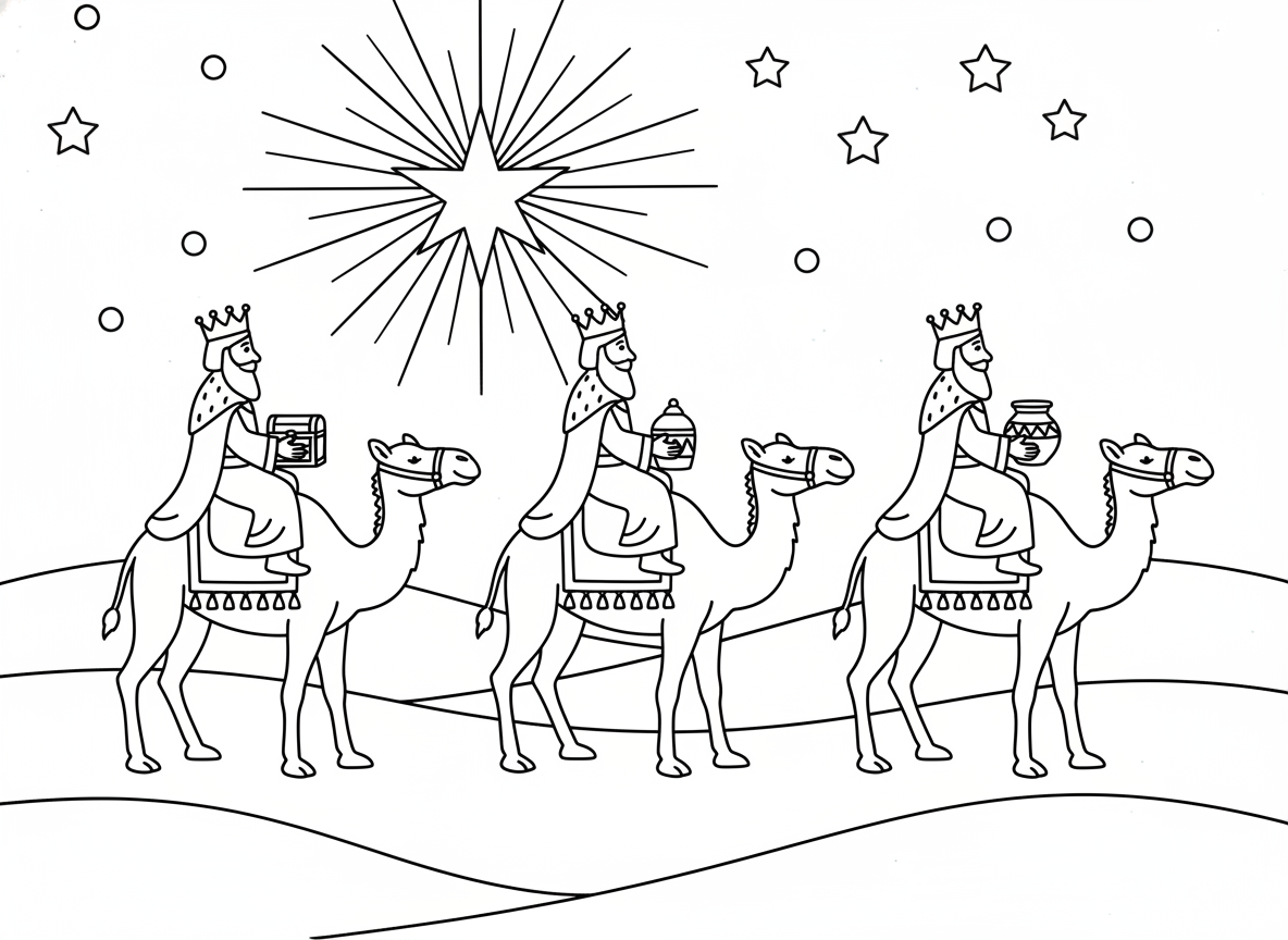12 dibujos de Navidad para colorear: láminas gratis para imprimir 12 Dibujo de los Reyes Magos para colorear, lámina de línea negra sobre fondo blanco