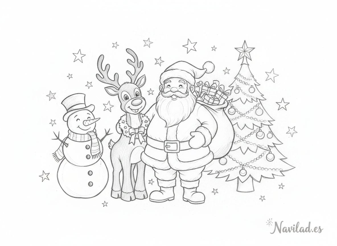 Dibujos de Navidad: ideas, motivos y todo lo que necesitas saber para dibujar en Navidad 2 Láminas de dibujos navideños para colorear: Papa Noel, reno, muñeco de nieve