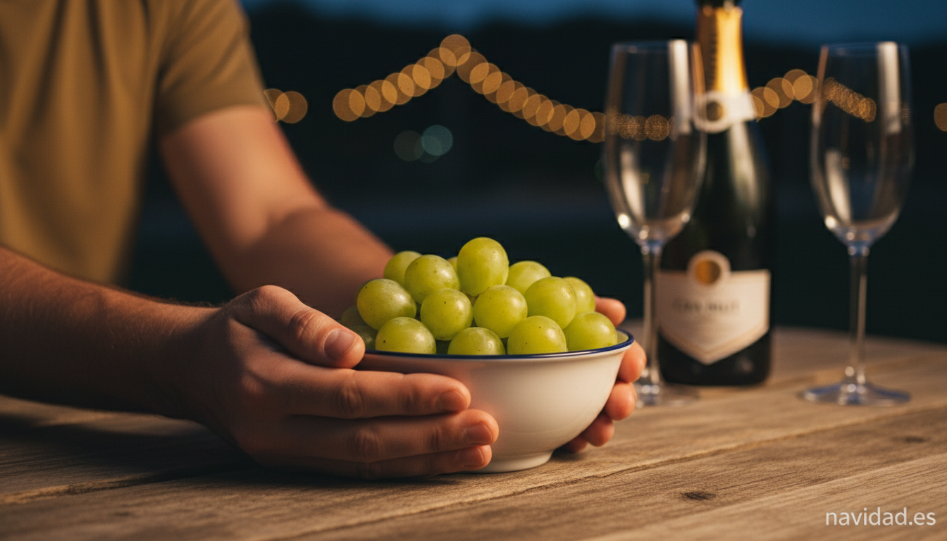 Manos sosteniendo un cuenco con doce uvas y una botella de cava para celebrar la Nochevieja en verano