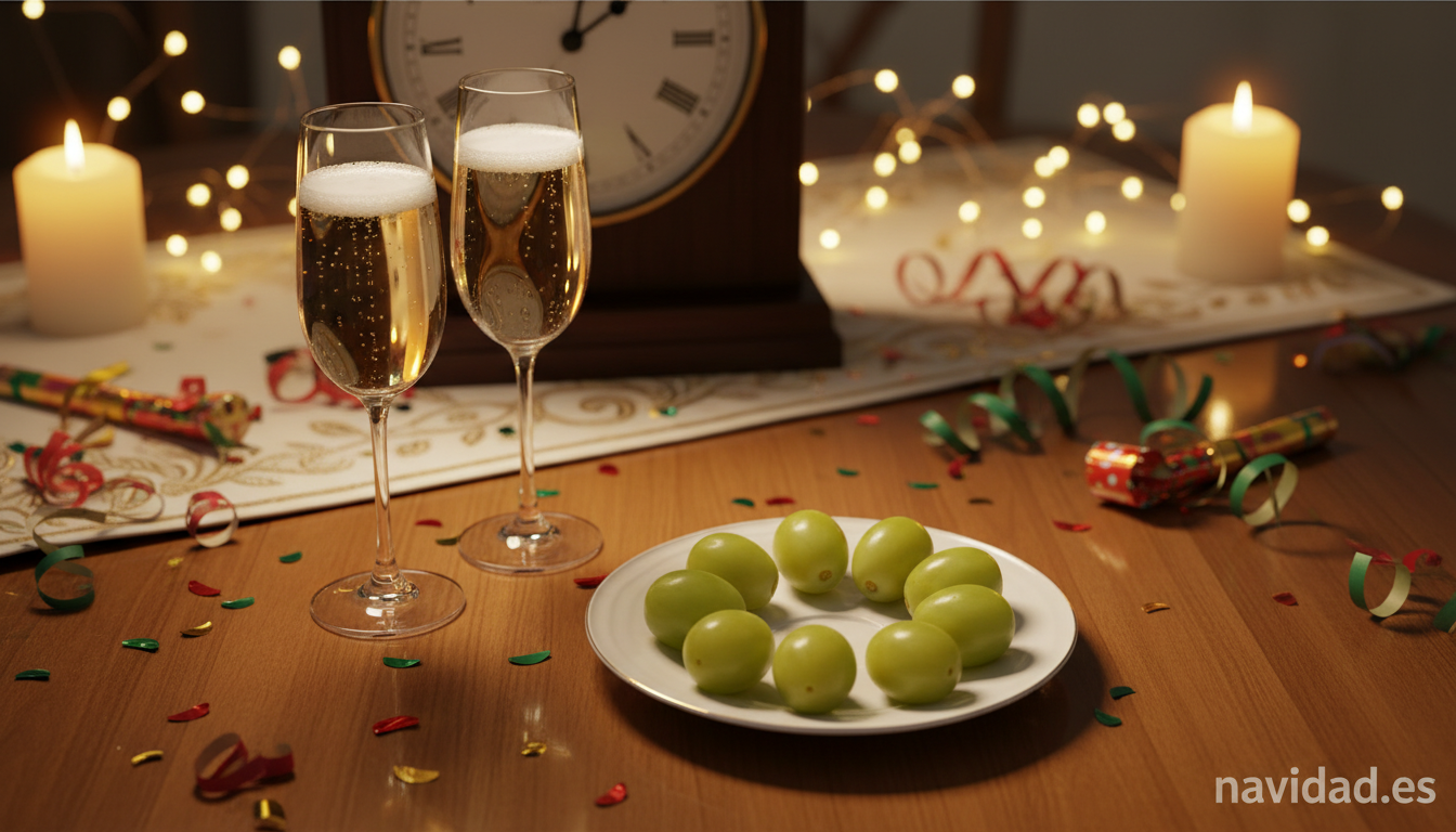 Calendario de Navidad 2026: todas las fechas clave de las fiestas 1 Doce uvas de Nochevieja con copas de cava y reloj a medianoche