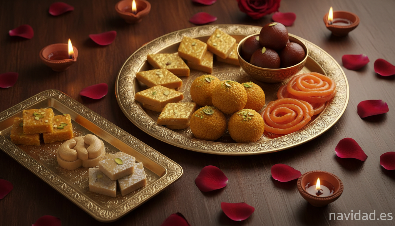Dulces tradicionales del Diwali: barfi, laddu, gulab jamun y jalebi en bandejas decoradas