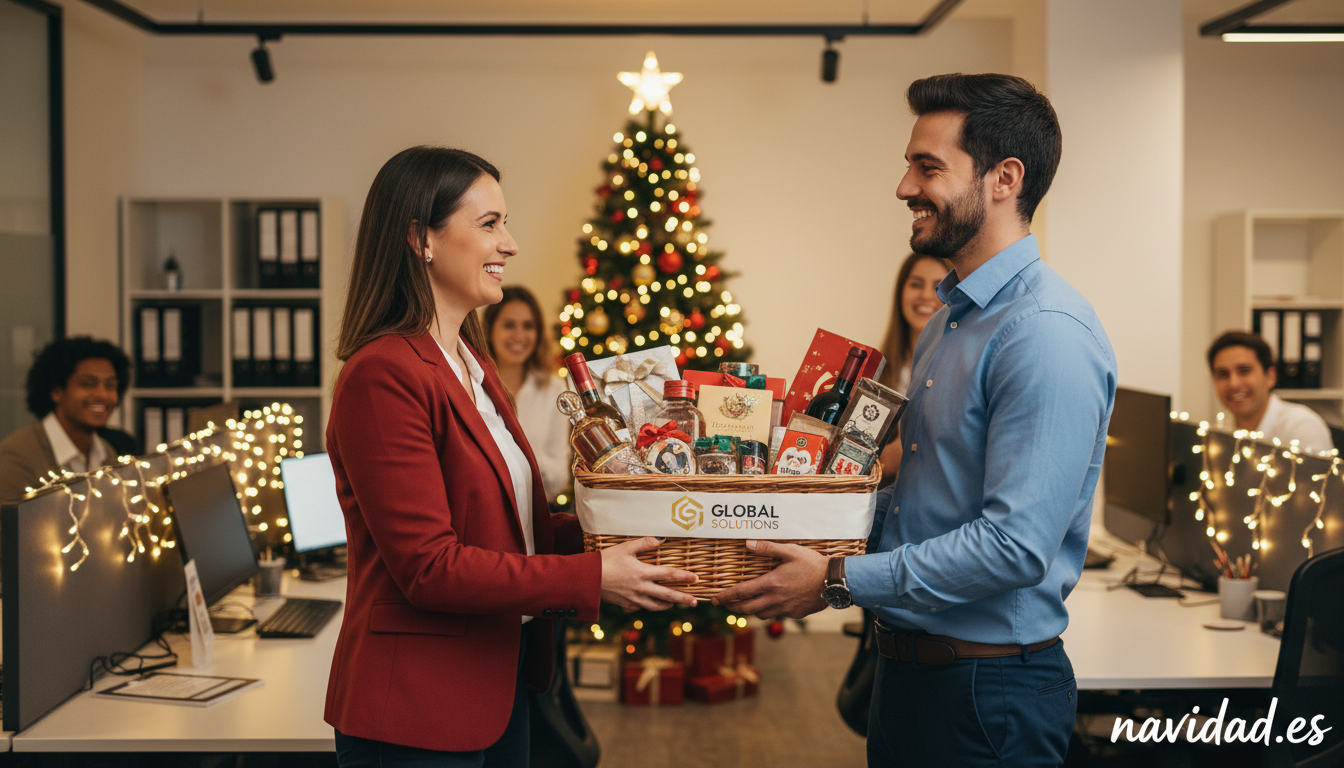 Cestas de Navidad para empresas 2026: guía completa para acertar 6 Directivo entregando cesta navideña a empleado en oficina decorada para Navidad 2026