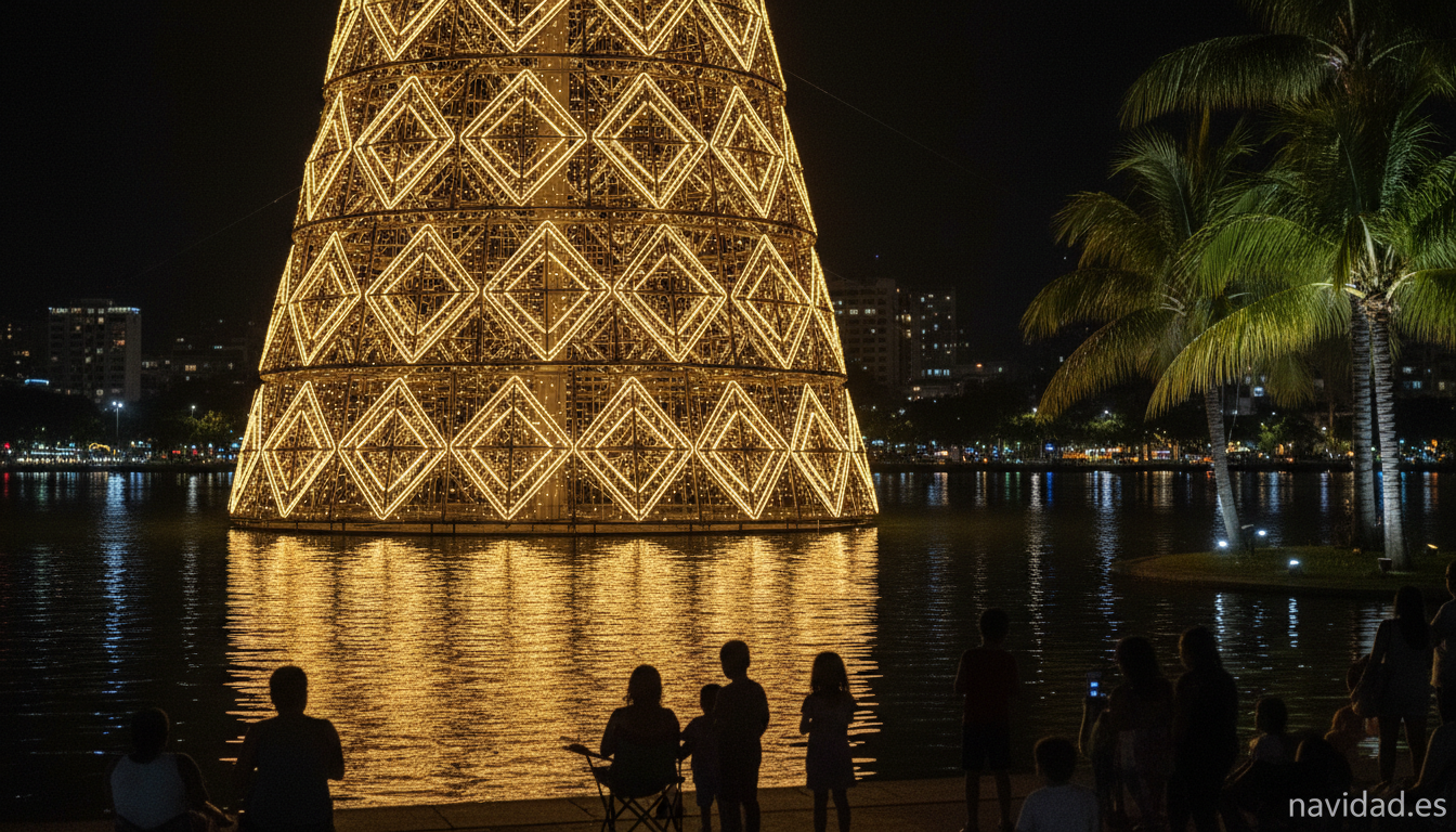Detalle del encendido del arbol de Navidad flotante con publico en la orilla de la Lagoa