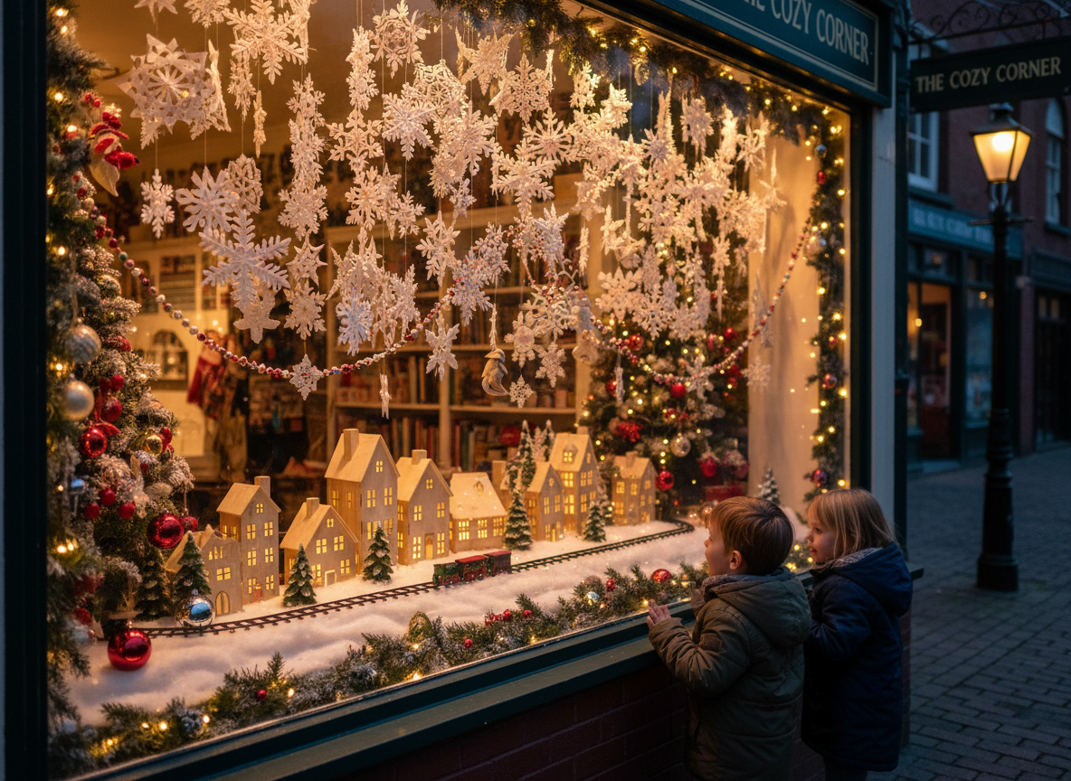 Escaparate navideño creativo con copos de nieve artesanales y luces de hadas para pequeño comercio