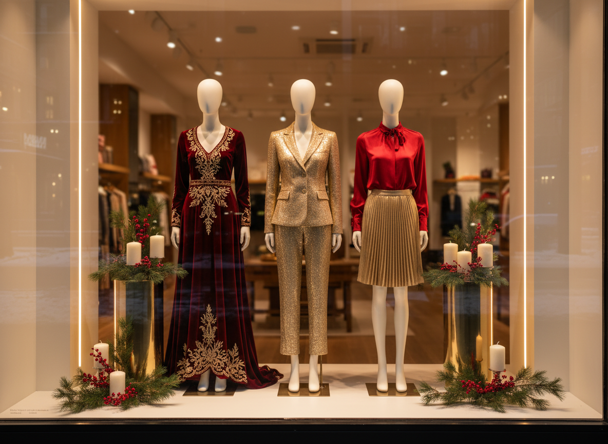 Escaparate de moda decorado para Navidad con maniquíes vestidos en rojo y oro
