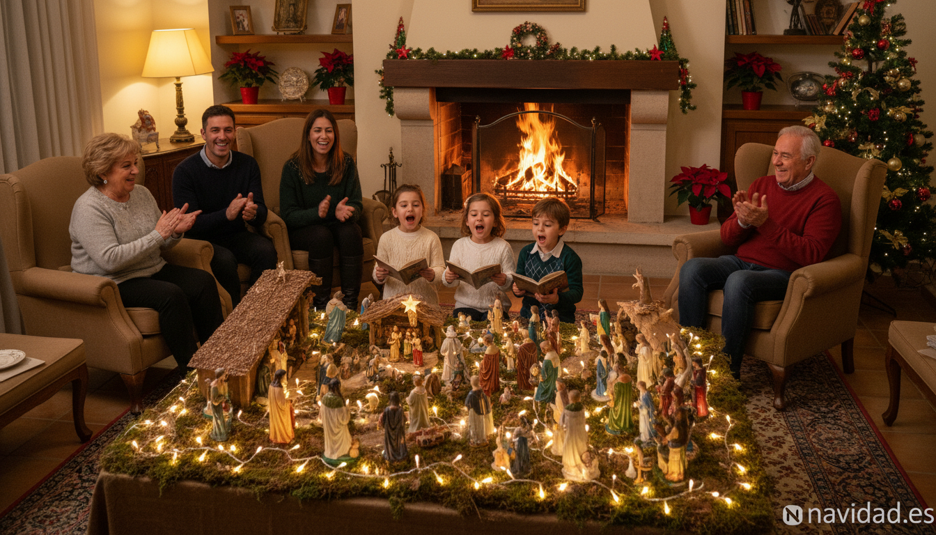 Cantemos pastores: letra completa, historia y origen del villancico tradicional 2 Familia española cantando villancicos navideños en casa junto al belén