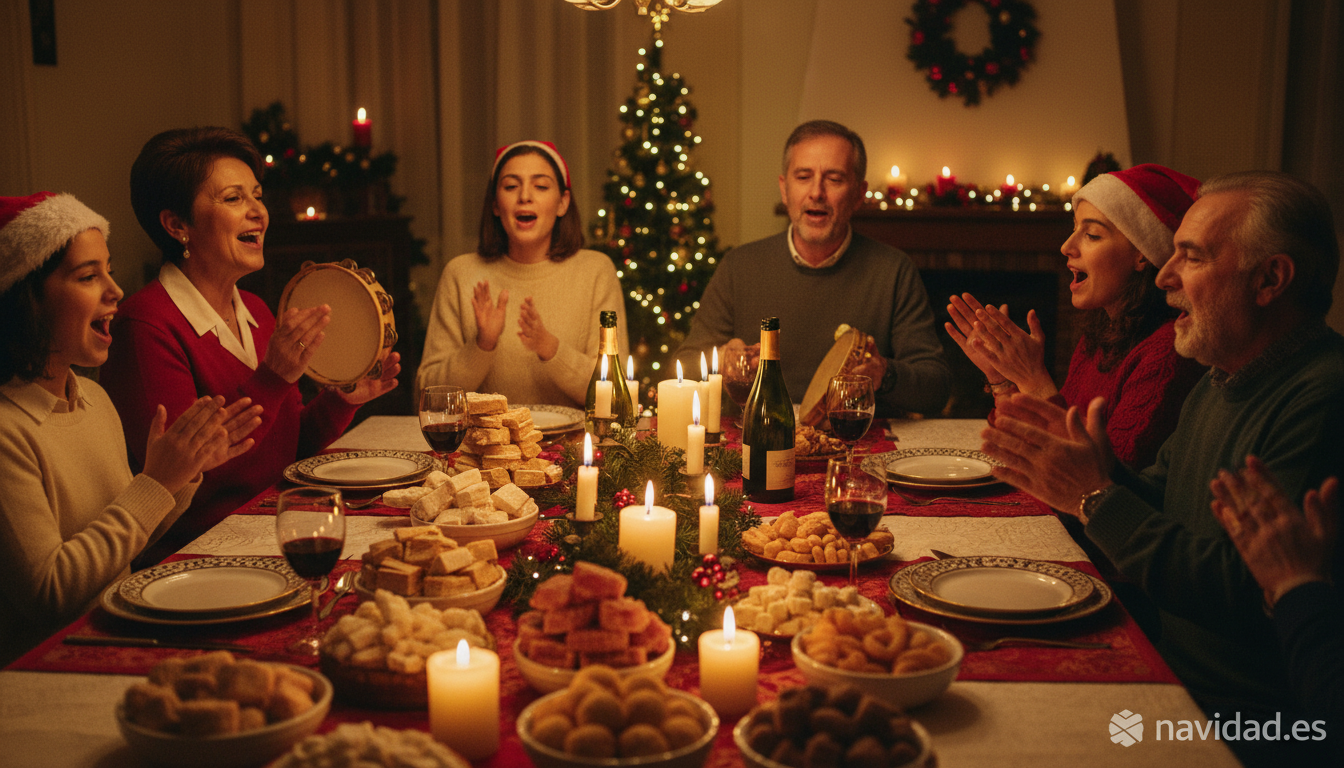Familia española cantando villancicos en Nochebuena alrededor de la mesa