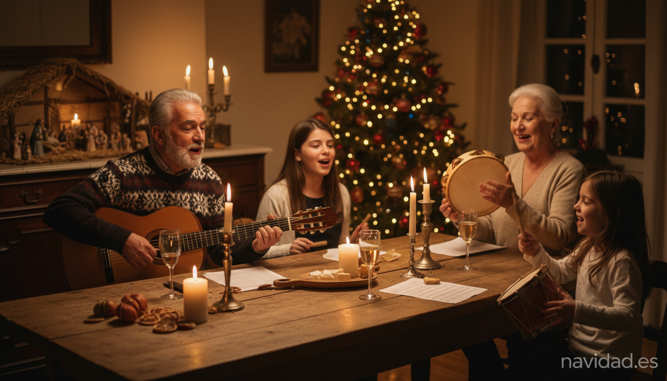 Familia española cantando villancicos en casa con pandereta y tambor