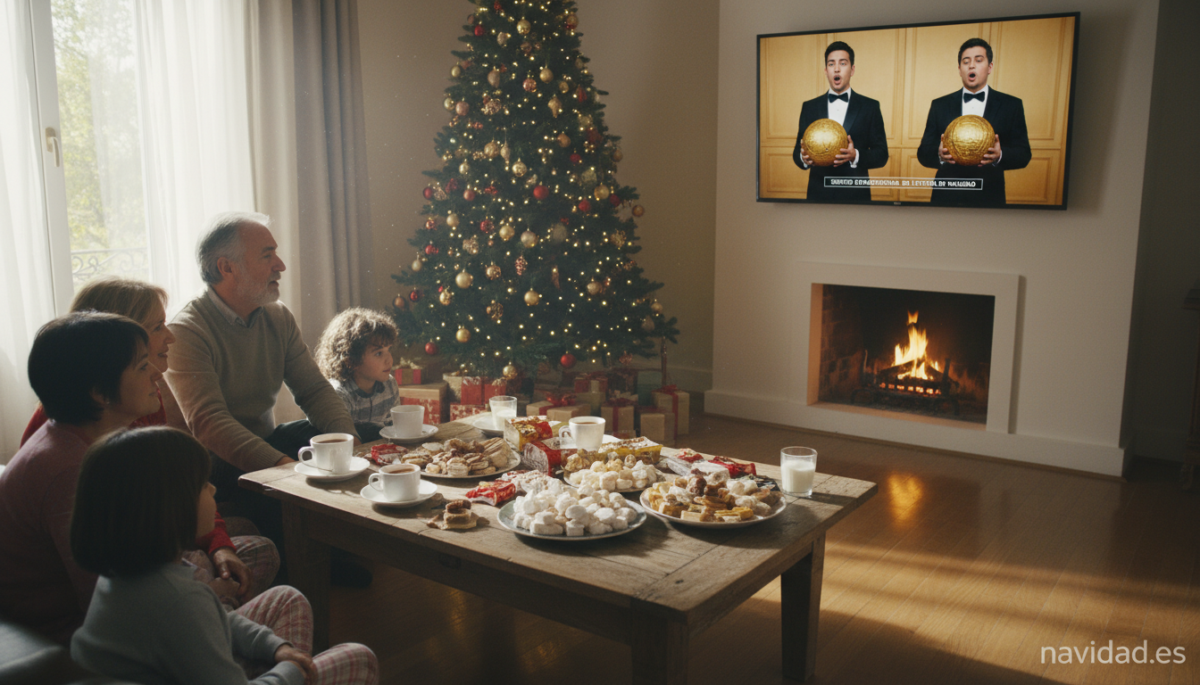 Familia española viendo el sorteo de la Lotería de Navidad en casa