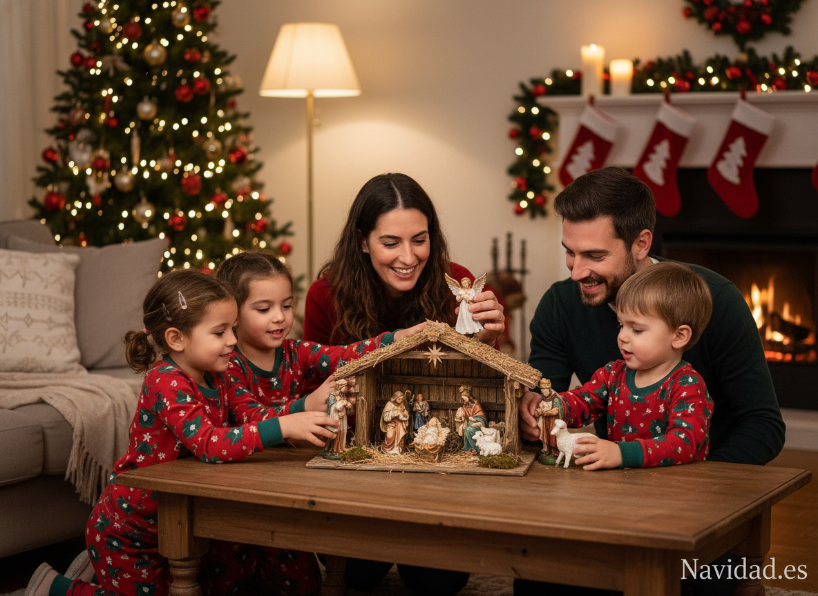 Familia montando el portal de Belén juntos en Navidad