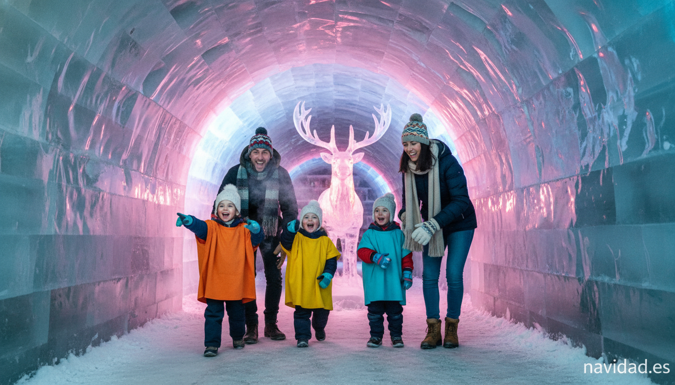 Esculturas de hielo en la Navidad de Madrid: el espectaculo helado que cautiva cada diciembre 2 Familia con ninos recorriendo el tunel de esculturas de hielo iluminadas en Madrid