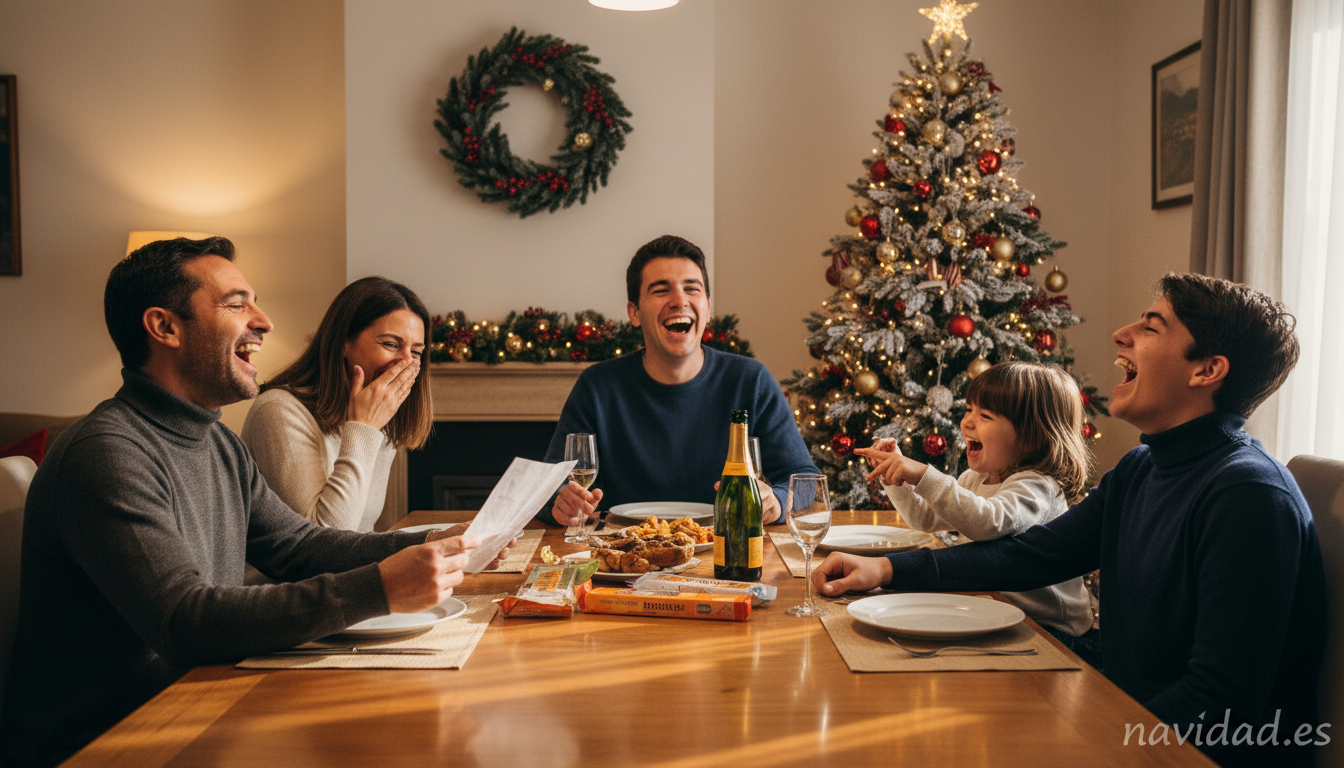 Familia española riendo con la carta de Jaimito durante la cena de Navidad