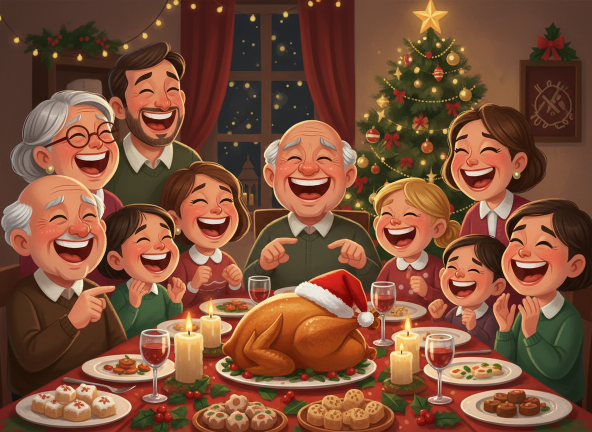 Familia española riendo con chistes de Navidad