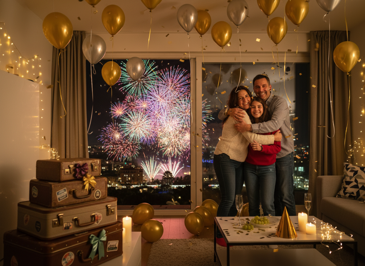 Familia celebrando los rituales de Nochevieja 2027 tras las campanadas