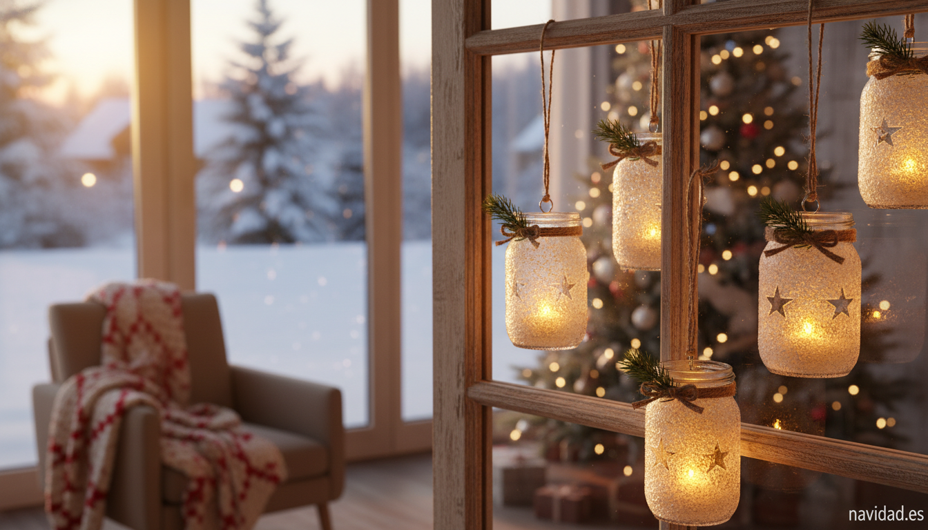 Farolillos de Navidad hechos con tarros de cristal reciclados colgados en la ventana con luz cálida