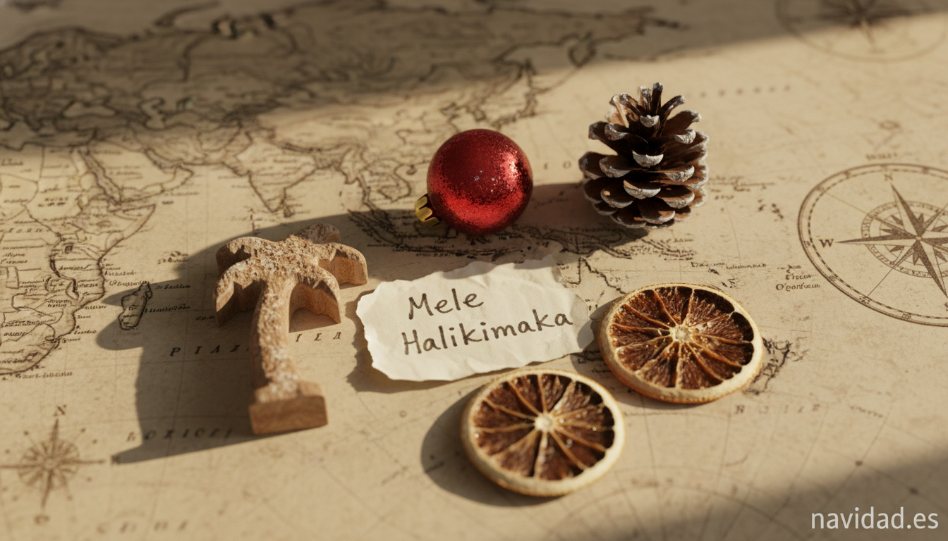 Mapa vintage del Pacífico con adornos navideños y nota Mele Kalikimaka