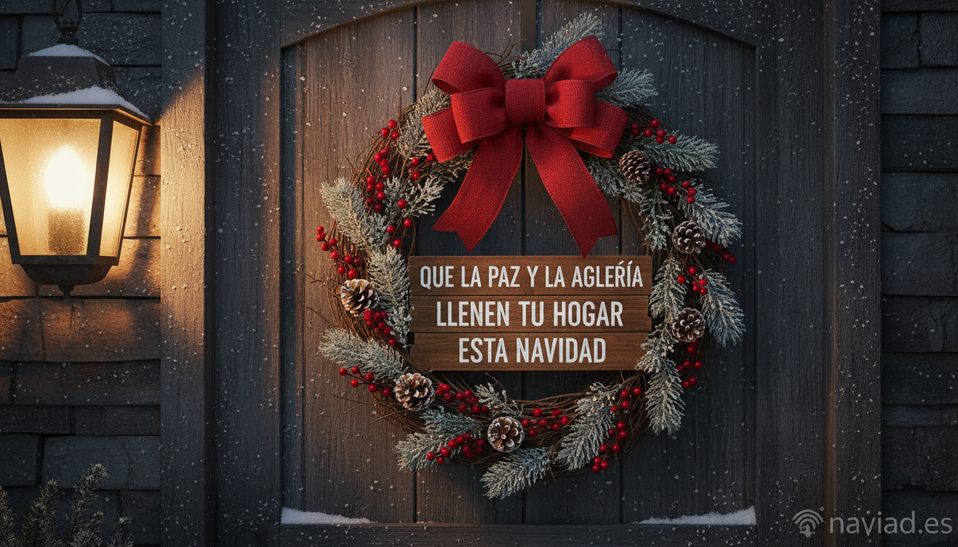 Felicitaciones navideñas para WhatsApp: las más originales y graciosas 11 Felicitación navideña horizontal con corona en puerta y mensaje de paz