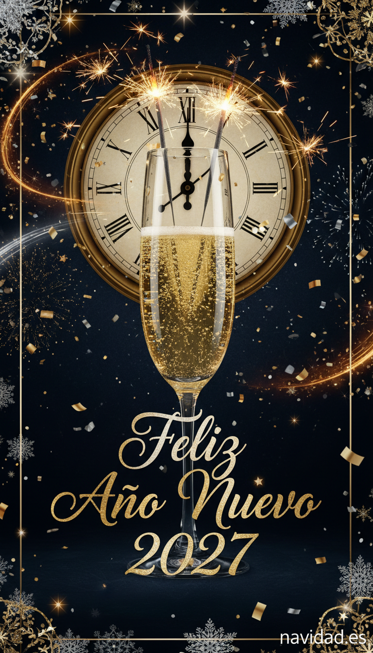 Felicitaciones navideñas para WhatsApp: las más originales y graciosas 6 Felicitación de Año Nuevo 2027 vertical para WhatsApp con copa de cava y reloj