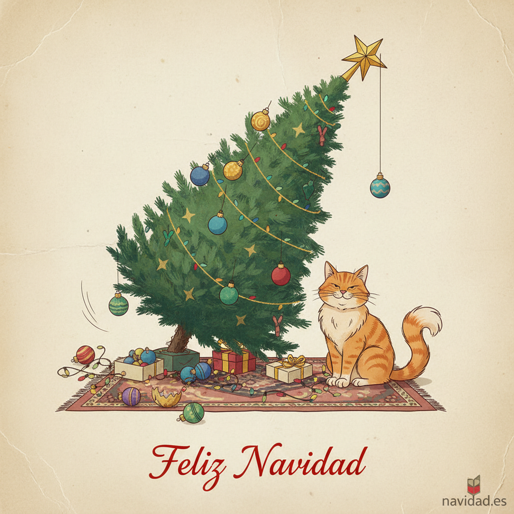 Felicitaciones de Navidad graciosas 2026 para enviar por Facebook y WhatsApp 3 Árbol de Navidad caótico - humor navideño 2026