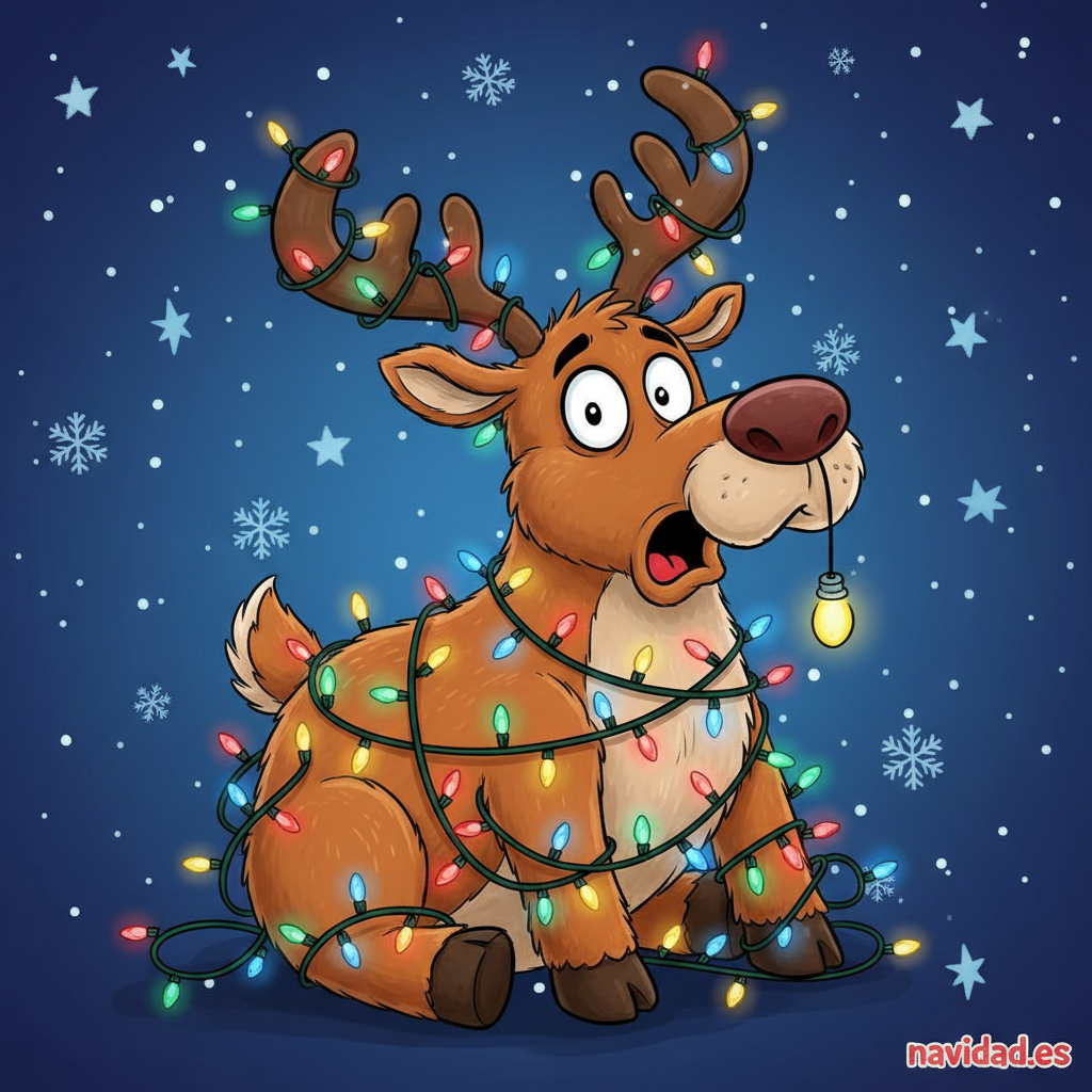 Felicitaciones de Navidad graciosas 2026 para enviar por Facebook y WhatsApp 2 Reno de Navidad enredado en luces - felicitación graciosa 2026