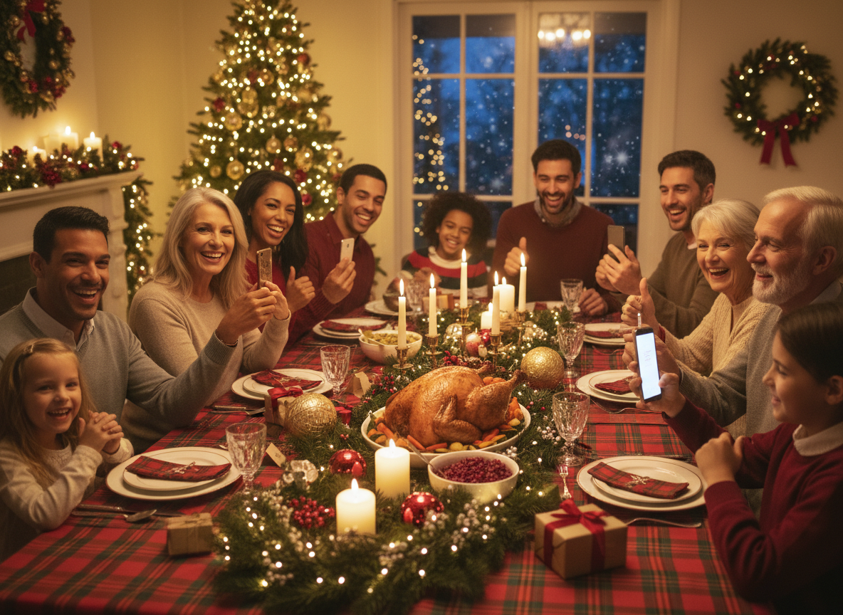 Familia felicitando la Navidad 2026 con mensajes desde el móvil