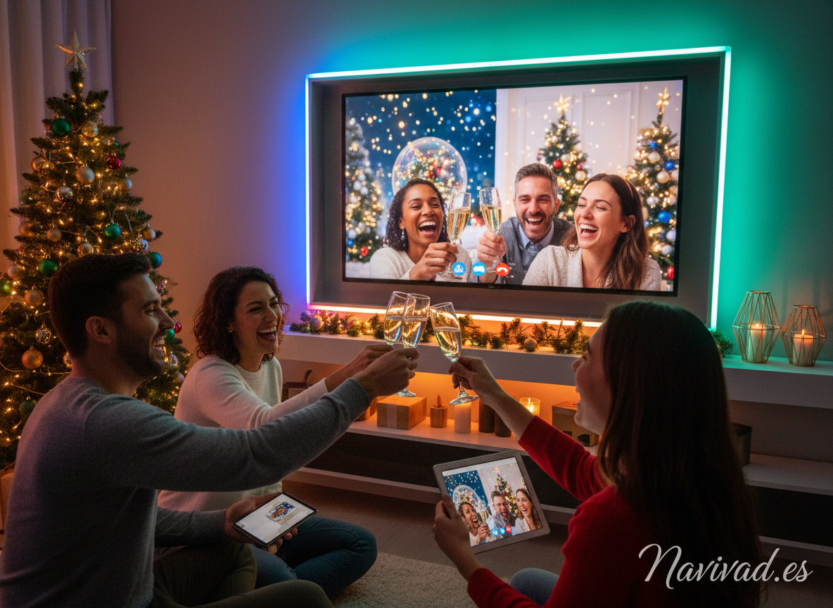 Cómo felicitar la Navidad de forma original en 2026: ideas creativas que sorprenden 3 Familia felicitando la Navidad por videollamada de forma original