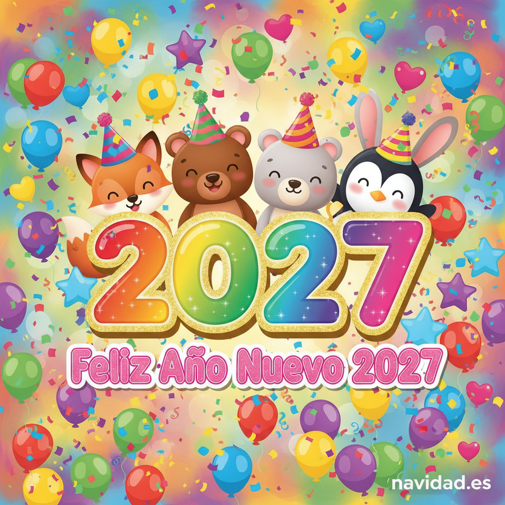 Tarjeta Año Nuevo 2027 divertida para niños