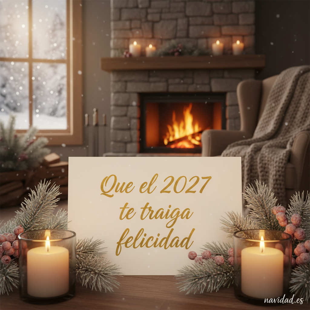 Imagen acogedora Año Nuevo 2027 con velas y nieve