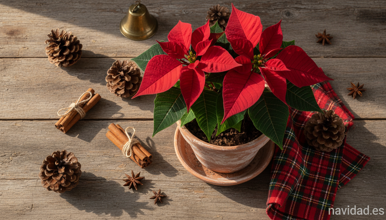 Símbolos de Navidad: colores, tronco, calcetines, piñas y flor de Pascua 2 Bodegón cenital con flor de Pascua, piñas naturales, canela y elementos navideños sobre mesa de madera