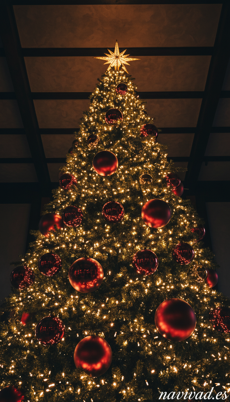 Fondo de pantalla: árbol de Navidad iluminado visto desde abajo con estrella