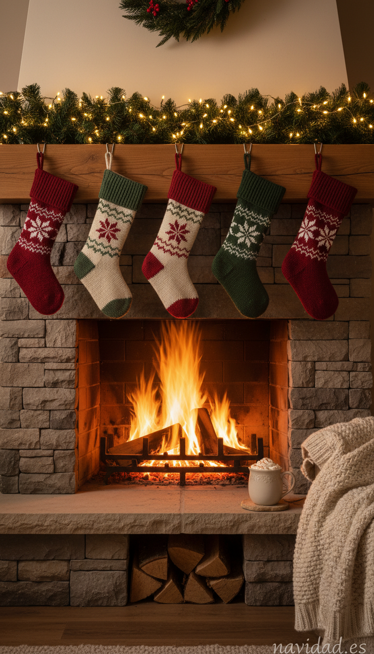 Fondo navideño para móvil: chimenea con calcetines y guirnalda iluminada