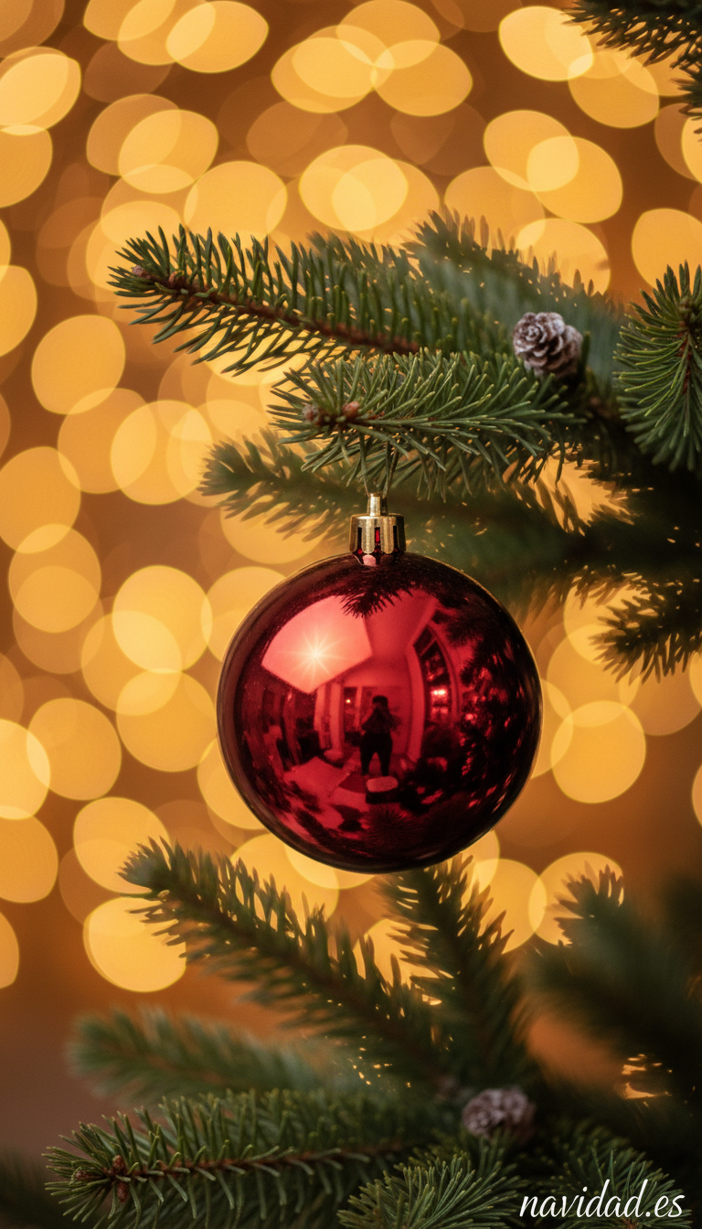 Fondo de pantalla navideño: bola roja en rama de pino con luces bokeh