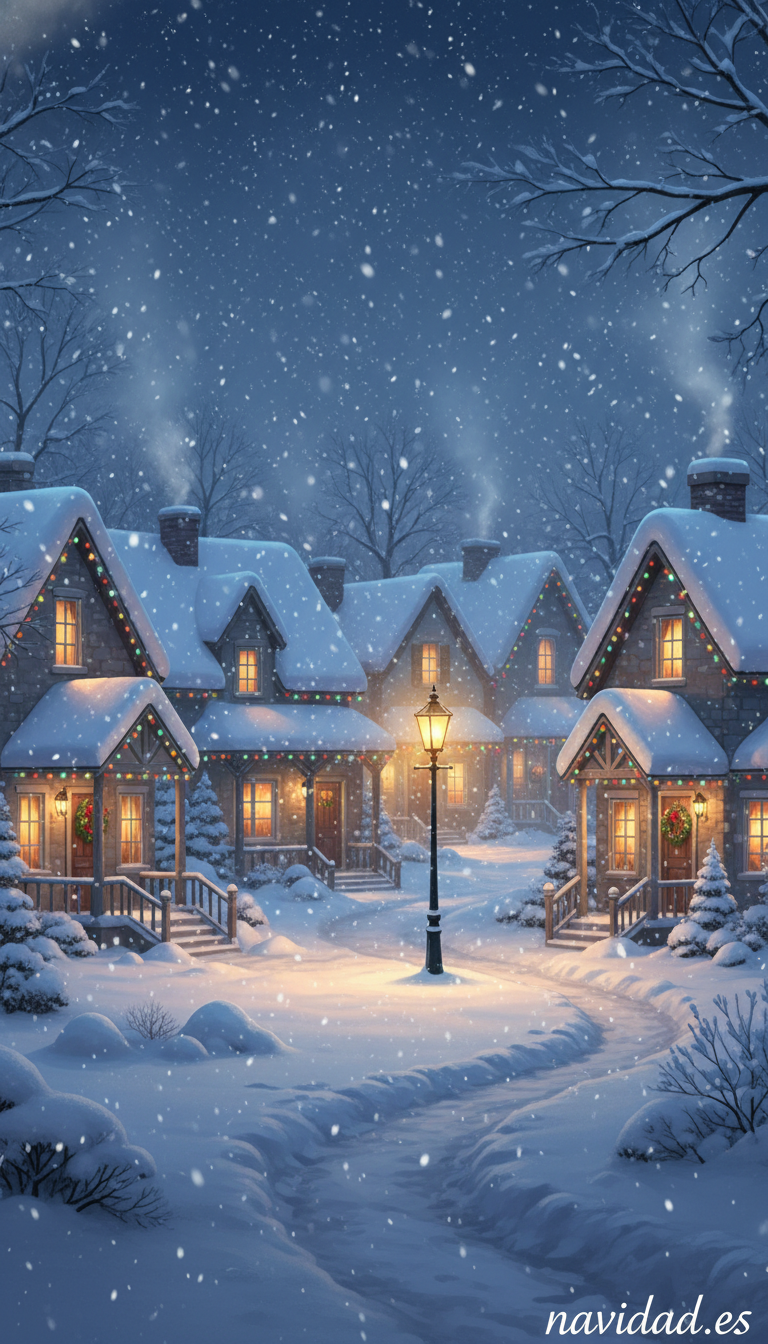 Fondo de pantalla navideño para móvil: pueblo nevado con luces cálidas