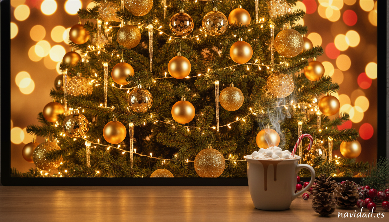 Tema de Navidad para escritorio: cómo personalizar tu PC en fiestas 1 Pantalla de ordenador con fondo de pantalla navideño de árbol de Navidad decorado con luces doradas