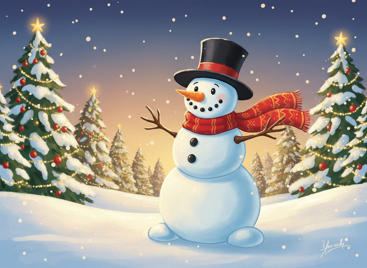 Frosty el Muñeco de Nieve: Historia, Canción y Película del Personaje Navideño 1 Frosty el Muñeco de Nieve con sombrero de copa y bufanda roja en paisaje nevado navideño