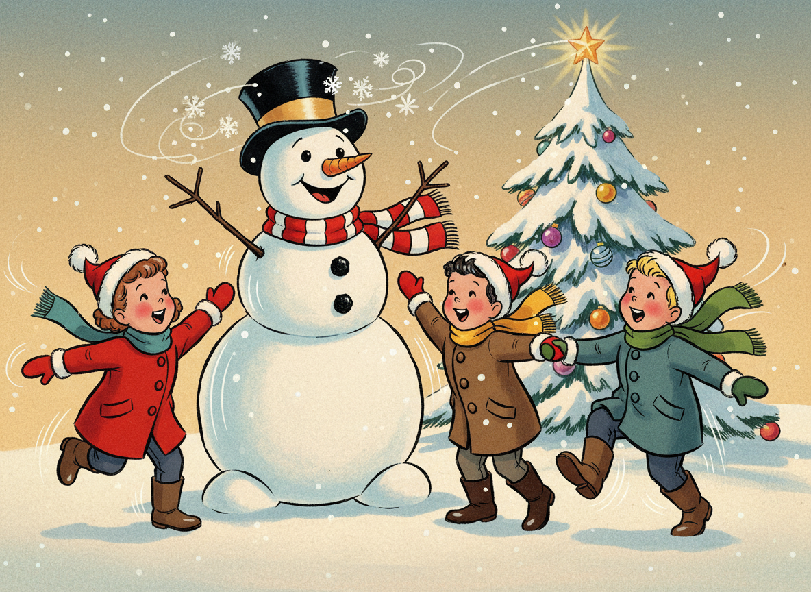 Frosty el Muñeco de Nieve: Historia, Canción y Película del Personaje Navideño 2 Escena navideña estilo animación clásica de Frosty el Muñeco de Nieve jugando con niños en la nieve