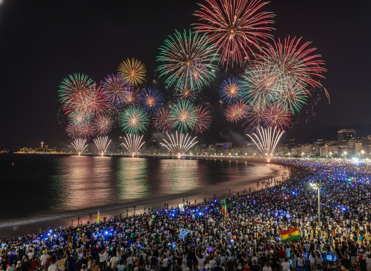Navidad en Brasil: Tradiciones, Playas y Papai Noel en Verano 2 Fuegos artificiales en Copacabana durante la Nochevieja en Río de Janeiro
