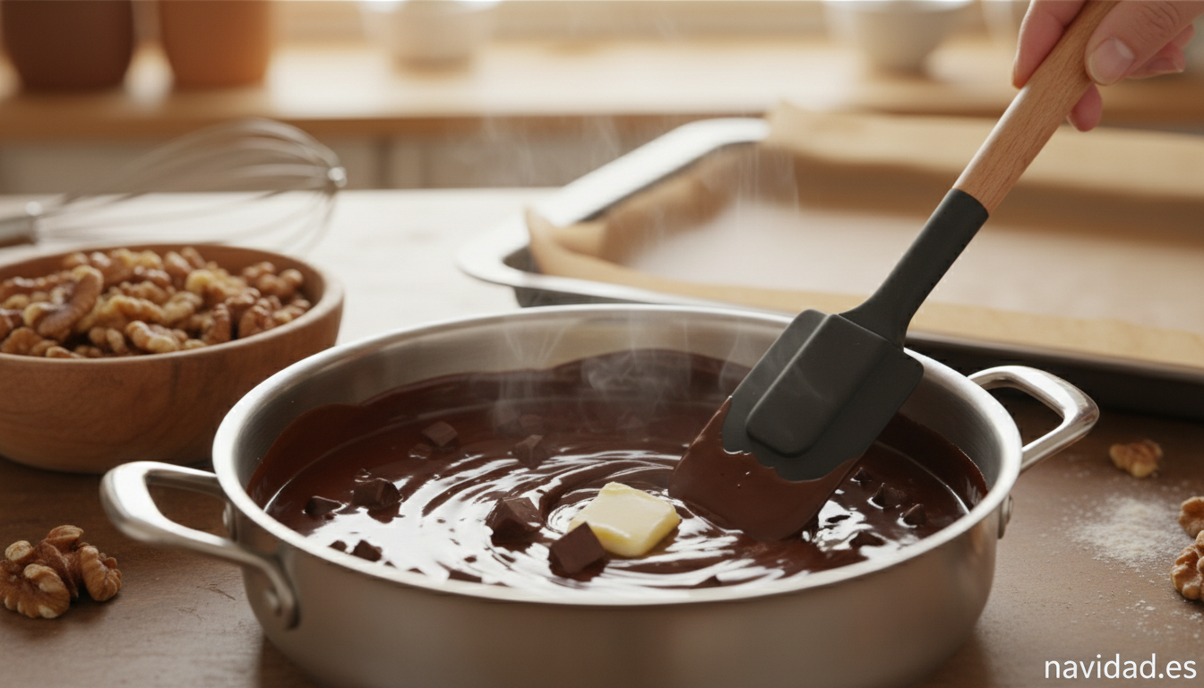 Turrón de chocolate y nueces casero: receta fácil y rápida 1 Fundiendo chocolate con mantequilla para hacer turrón casero de Navidad
