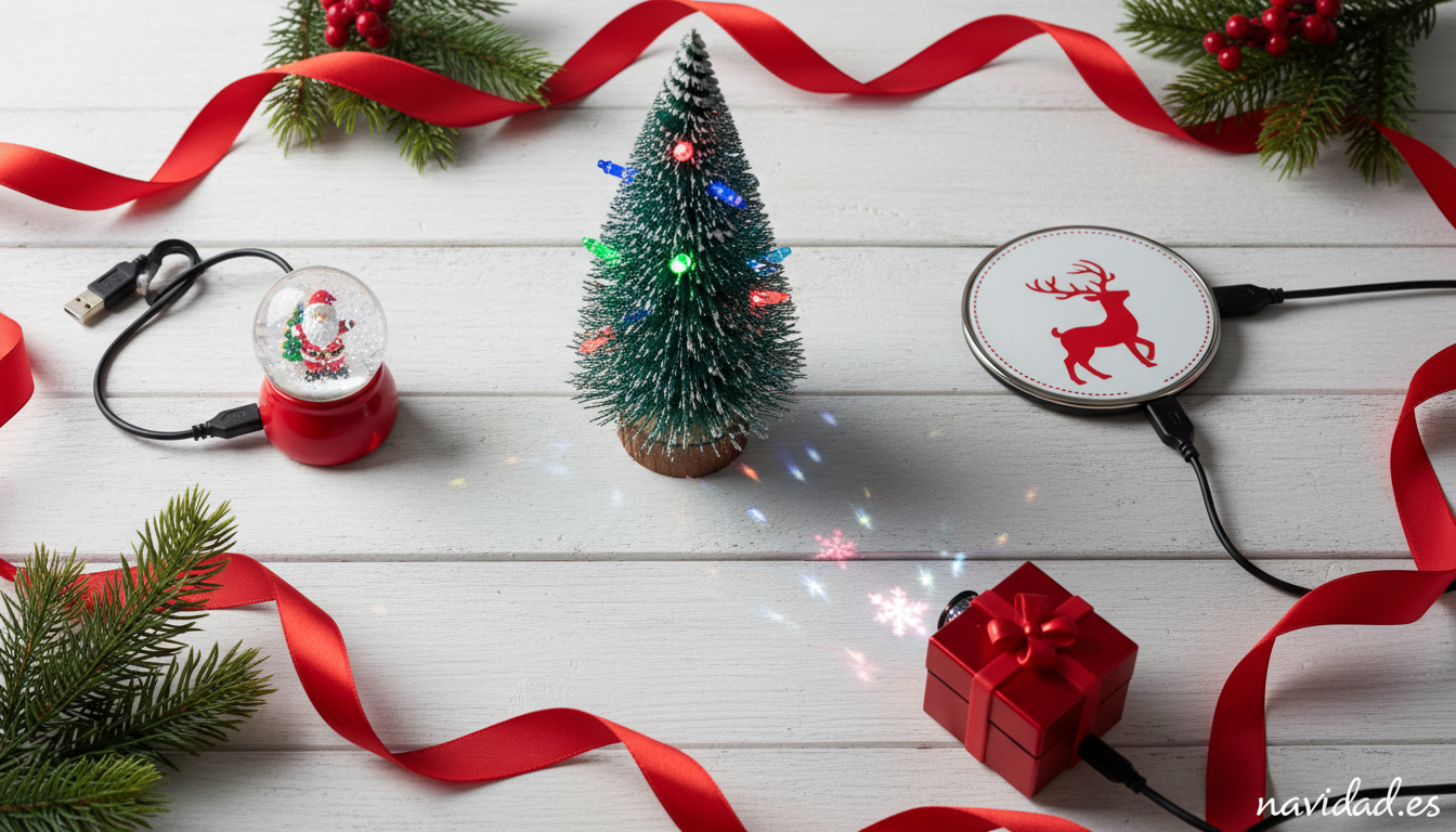 Santa USB y gadgets navideños: regalos tecnológicos para Navidad 2026 2 Variedad de gadgets USB navideños: árbol LED, calentador de tazas y proyector festivo
