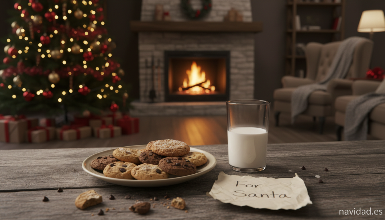Galletas y leche para Papá Noel junto al árbol de Navidad con una nota