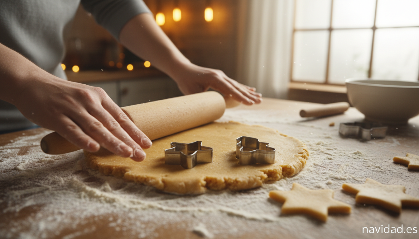 Galletas de Navidad caseras: receta fácil para hacer con niños 1 Manos cortando galletas navideñas con moldes de estrellas y árboles sobre masa estirada