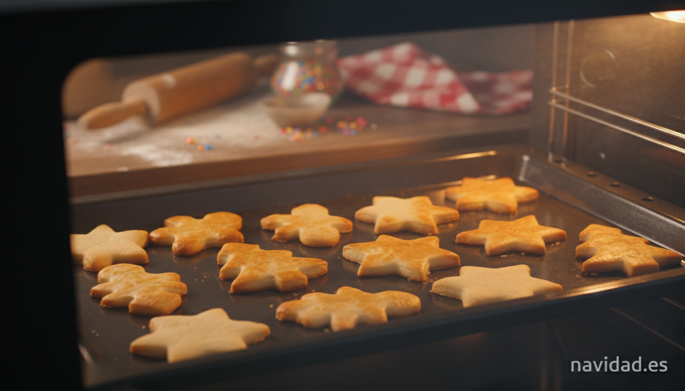 Galletas de Navidad caseras: receta fácil para hacer con niños 2 Galletas de Navidad dorándose en el horno sobre bandeja con papel