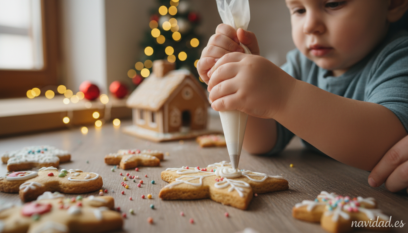 Galletas de Navidad caseras: receta fácil para hacer con niños 3 Niño decorando galletas de Navidad con glaseado y perlitas de colores