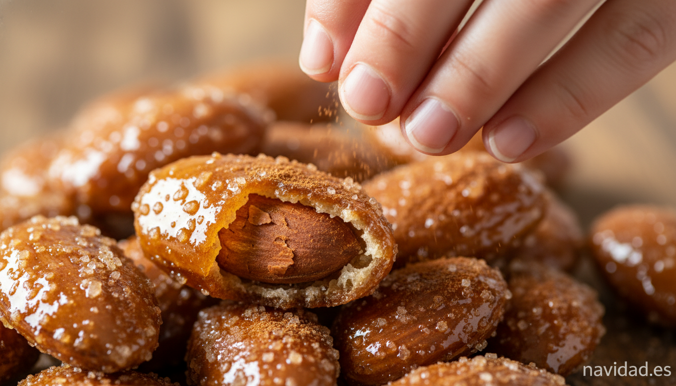 Garrapiñadas navideñas caseras: receta tradicional paso a paso 1 Primer plano macro de garrapiñadas caseras con costra ámbar de caramelo y unas manos espolvoreando canela