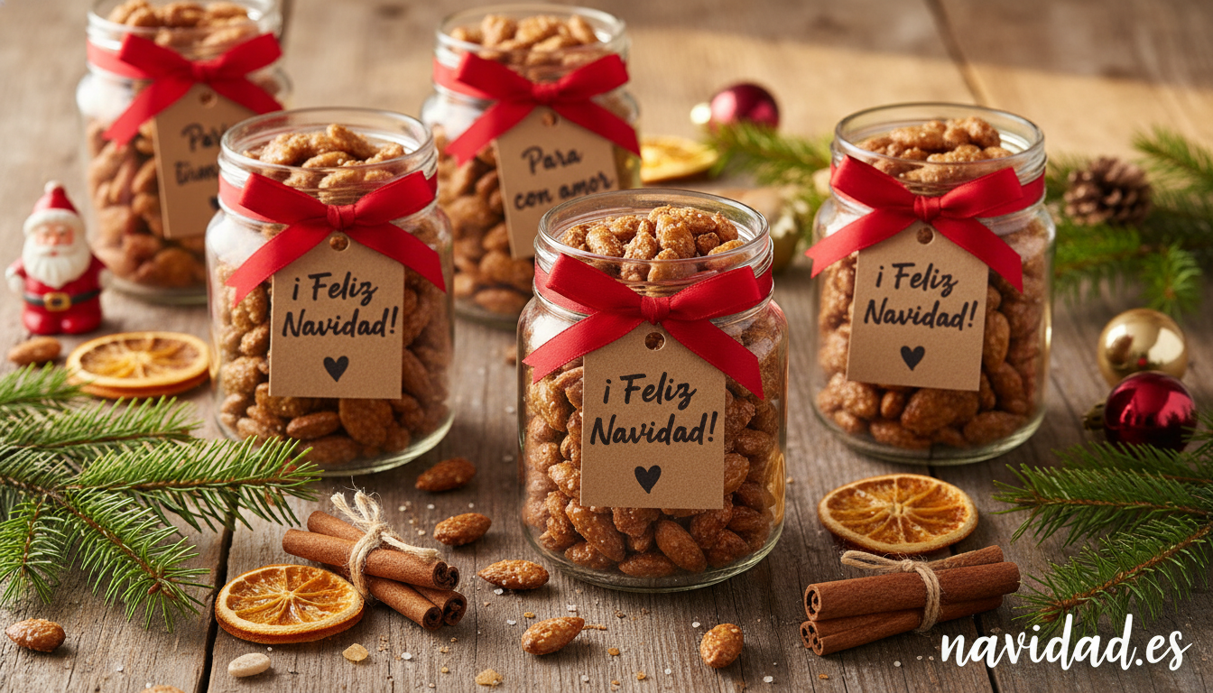 Garrapiñadas navideñas caseras: receta tradicional paso a paso 2 Tarros de cristal con garrapiñadas caseras atados con lazo rojo, listos para regalar en Navidad